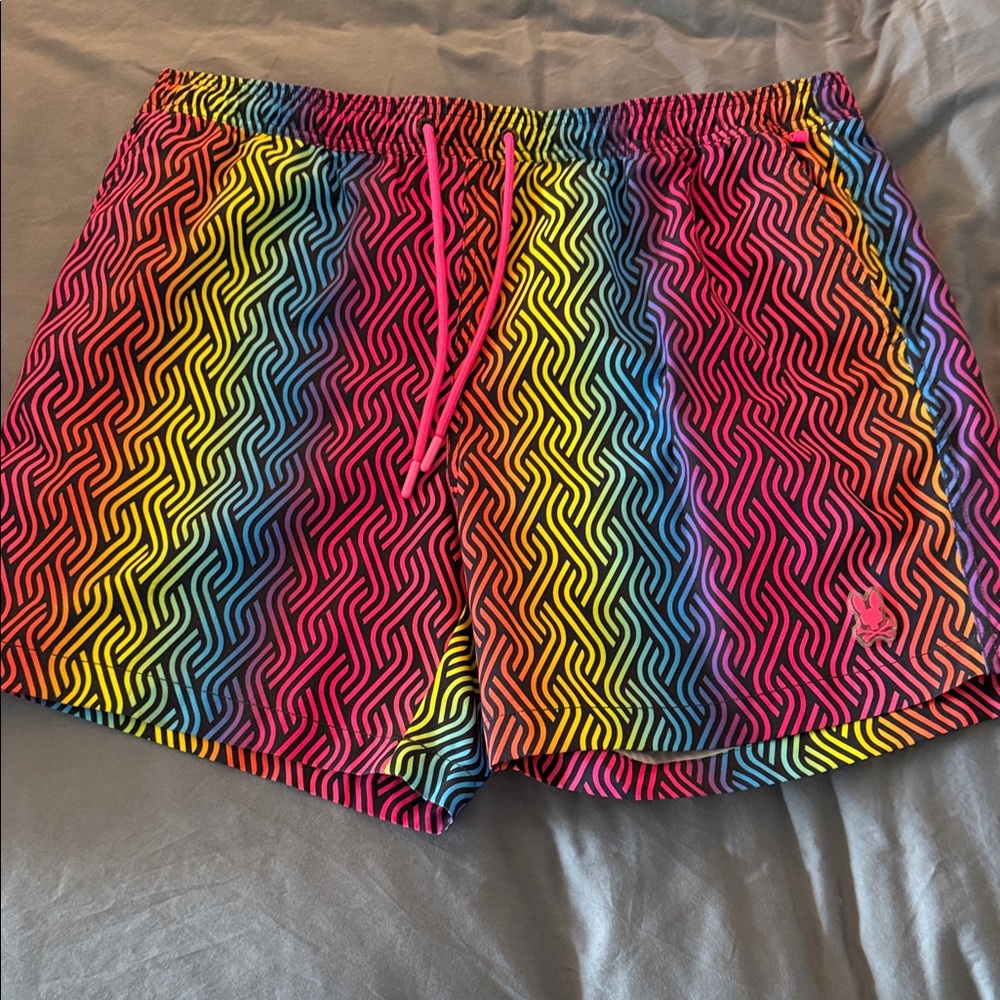 Psycho Bunny Rainbow Wave Print Men's Swim Trunks - multi color